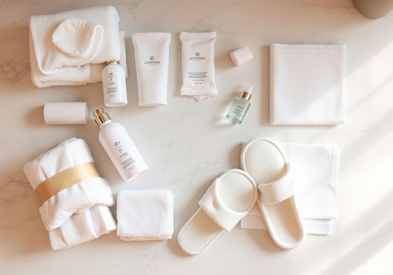 Curated hotel amenities and toiletries on a marble surface