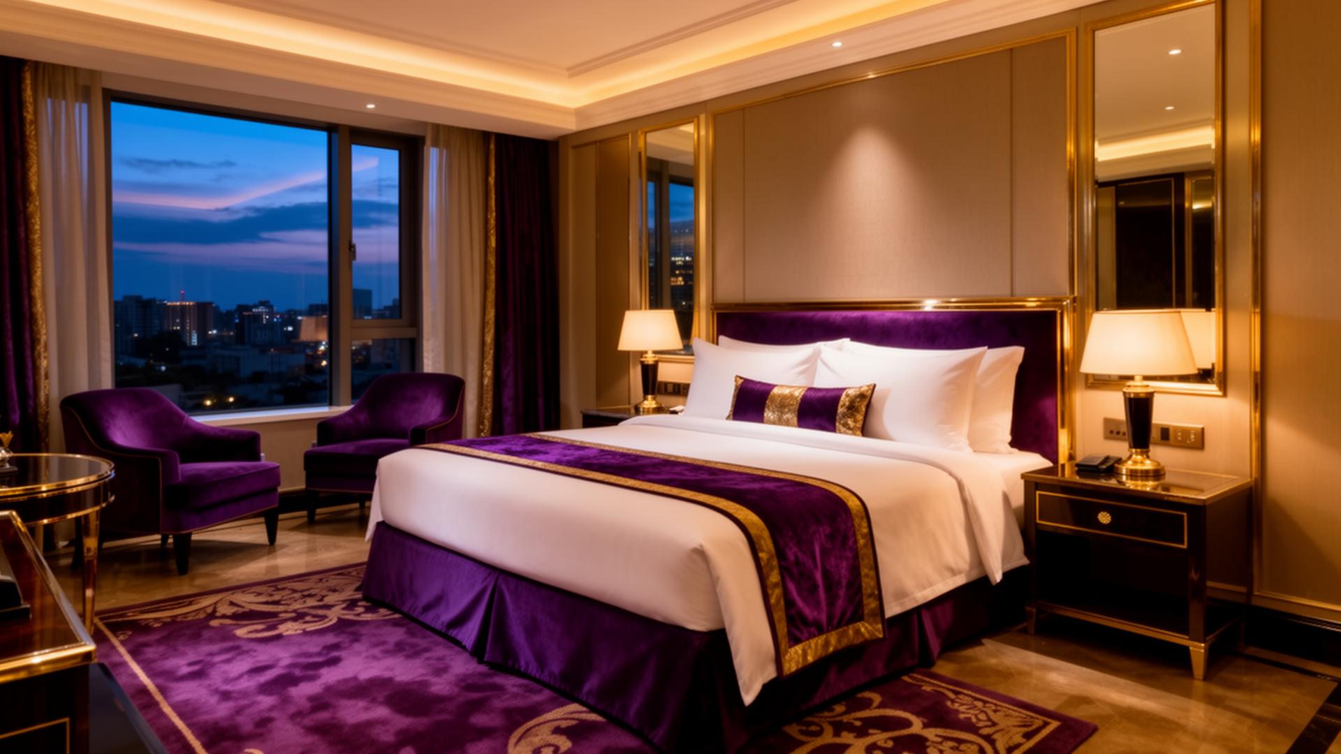 Premium hotel room with elegant bedding and warm lighting
